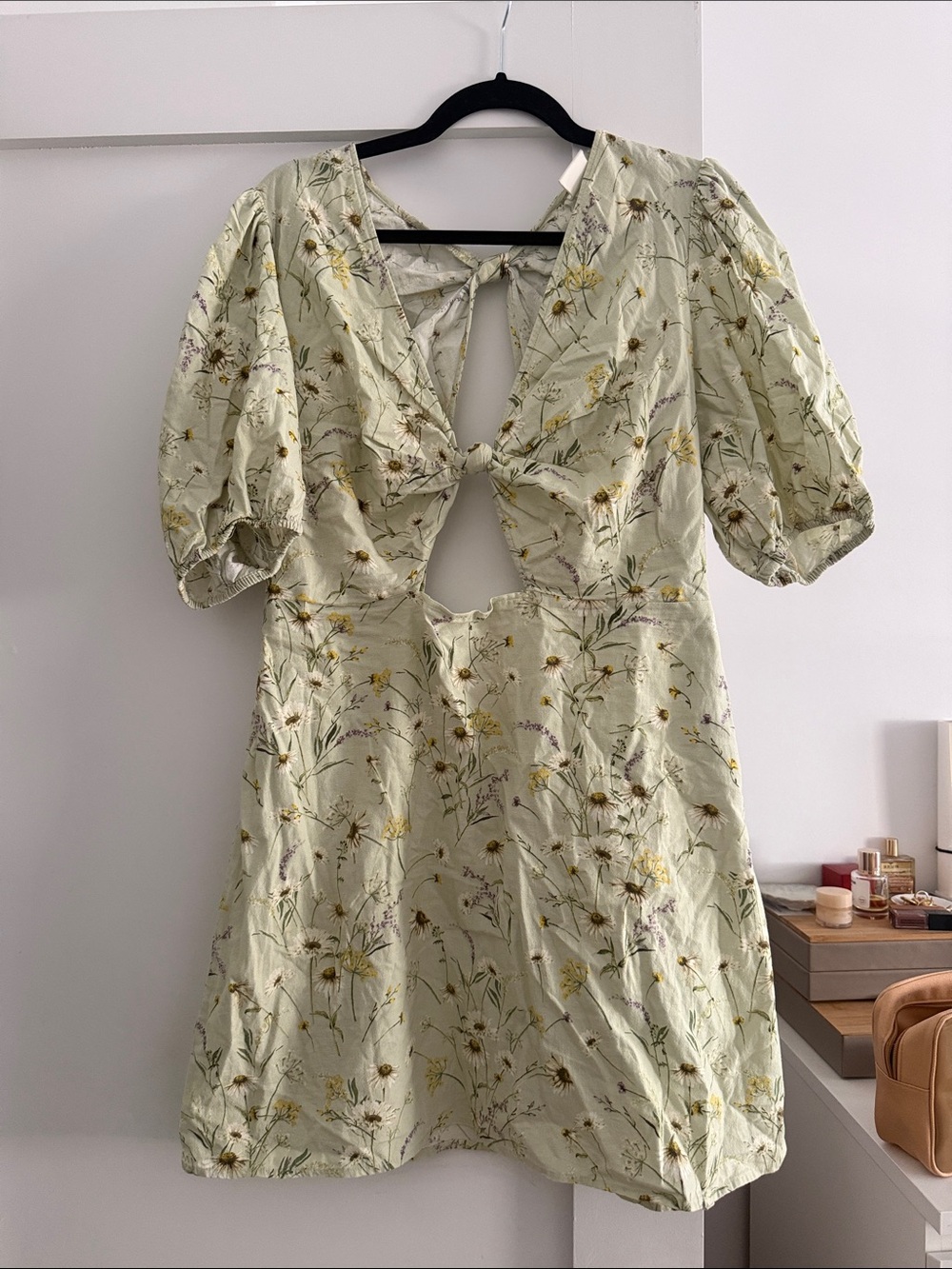 Floral Cutout Puff-Sleeve Mini Dress in Light Green open back